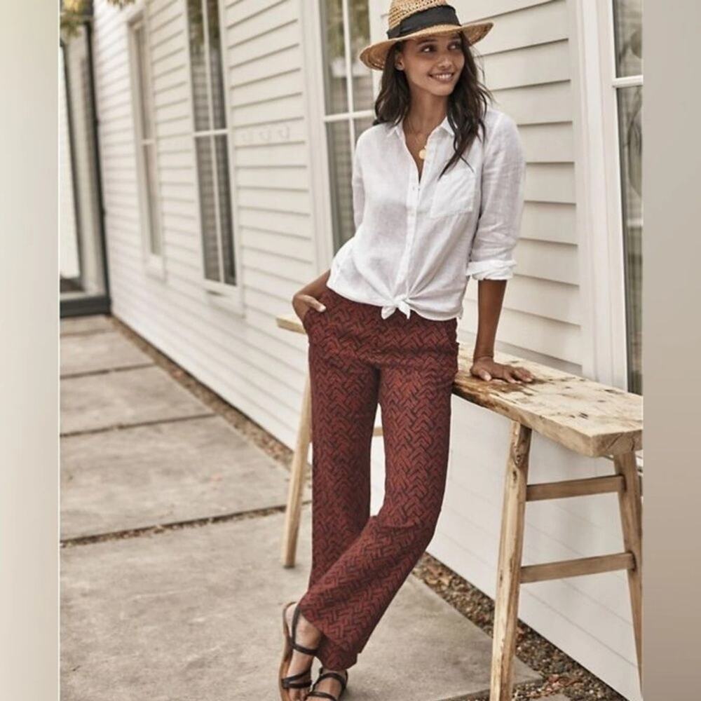 Garnet Hill Womens Linen Pants Size 0 Chevron Print Cinnamon Woodblock Straight